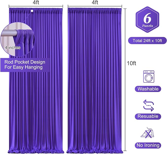 Wish Care Purple Backdrop Curtains - 6 Panels, Wrinkle-Free, Polyester, Photography Drapes for Baby Shower, Birthday Party, Wedding, Prom, Photo Booth - 24 X 10FT (Purple) - Image 2