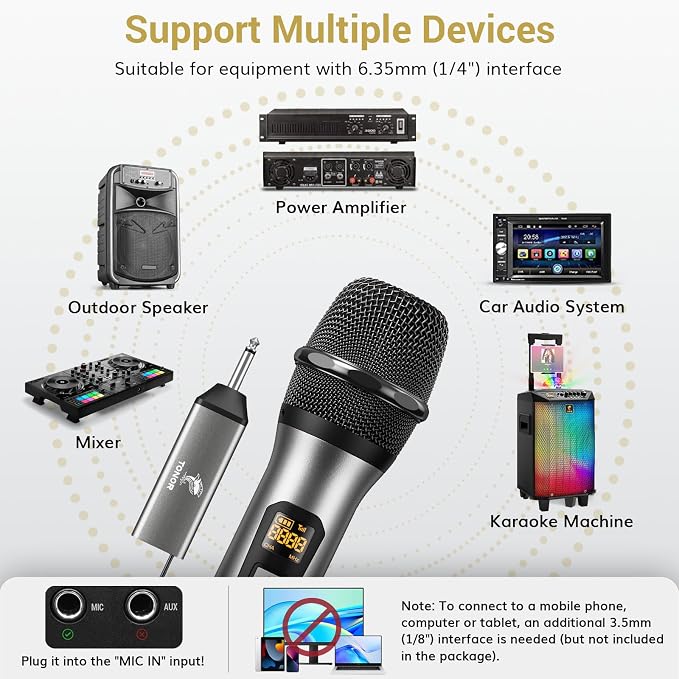 TONOR Wireless Microphone, 15 Channel UHF Metal Cordless Handheld Mic System with Rechargeable Receiver, for Karaoke, Singing, Party, Wedding, DJ, Speech, 200ft, TW620 Silver, 1Mic - Image 5
