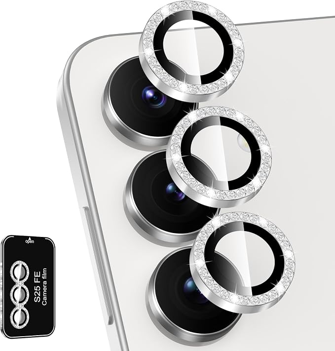 for Samsung Galaxy S25 FE Camera Lens Protector, Individual Metal Ring Tempered Glass Lens Cover, [Strong Adsorption] Scratch Resistant Ultra-Thin HD Clear Lens Cover, 1 Set-Slivery Diamond by Btscase