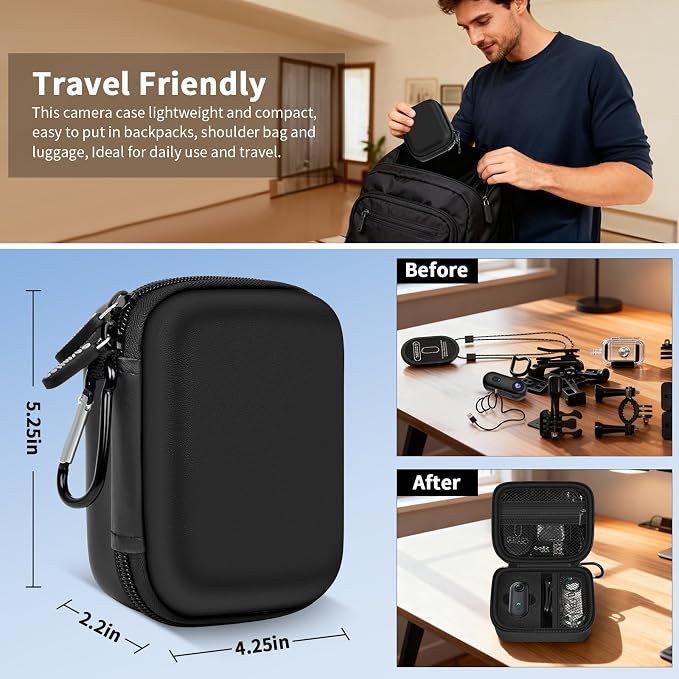casmilee Hard Mini Body Camera Case for Thumb Action Cam, Box Only | Hard shell 5.2 x 4.25 x 2.2 in case with sponge insert, mesh pockets and carabiner for vloggers, riders and travel - Image 4