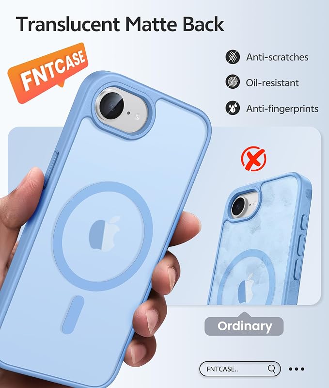 FNTCASE for iPhone 17e/ iPhone 16e Case, Fit for Magsafe, Screen Protector | Translucent Matte Magnetic Back, 14FT Military Grade Drop Protection, Shockproof Protective Phone Cover, Light Blue - Image 6