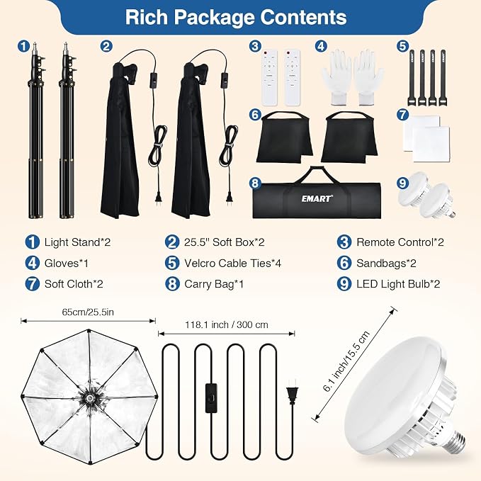 EMART Softbox Lighting Kit, 135W 25.5" Octa Soft Box for Photography 2Pack | 3000K-6500K LED Bulb with Remote, Professional Photography Lighting with Sandbag for Studio Lights, Portrait, Video Recording - Image 7