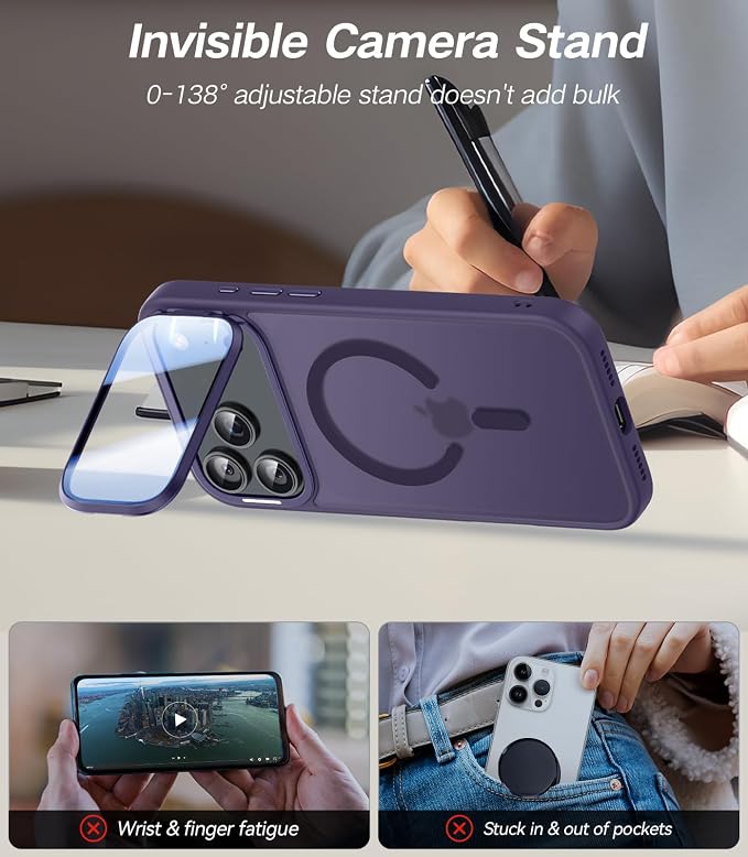 VOFATA [Upgraded Full Camera Protection] for iPhone 17 Pro Case with Camera Cover Stand [Fit for MagSafe][10FT Mil-Grade Protection] Translucent Magnetic iPhone 17 Pro Phone Case, Purple - Image 3