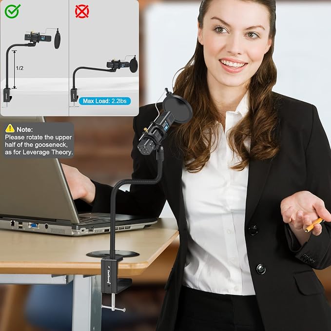 ZealSound Microphone Stand Gooseneck 13”, Flexible Clamp-On Desktop Mic Stand with 360° Adjustable Arm, 3/8" to 5/8" Adapter, Heavy-Duty Desk Mount, for Podcasting, Streaming, Podium & Public Speaking - Image 7