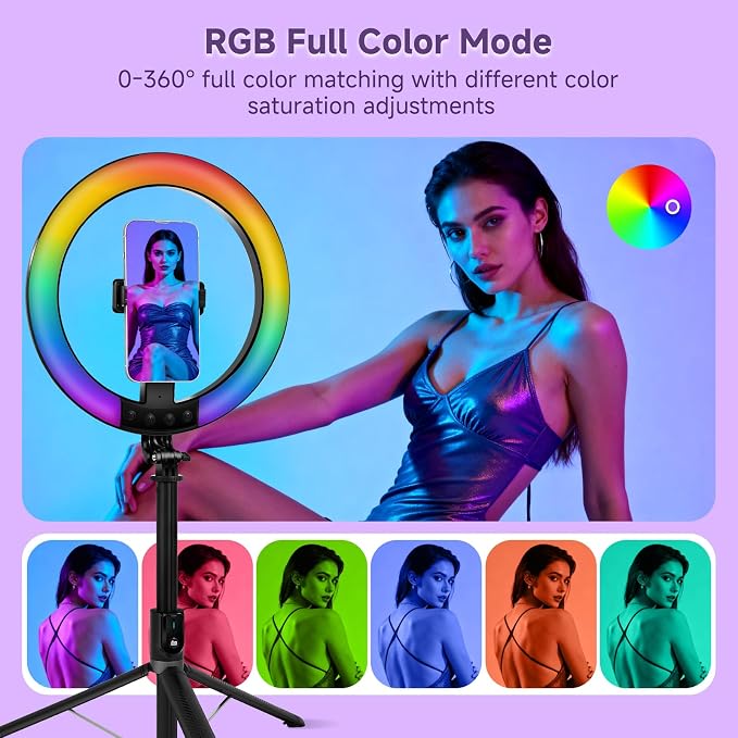 10" Ring Light with Stand, 74"Tripod with Ring Light &Phone Holder | RGB Full Color Modes Selfie Light with Extendable Tripod Stand,iPad Holder, Remote for iPhone,YouTube, TIKTok, Vlogging - Image 3