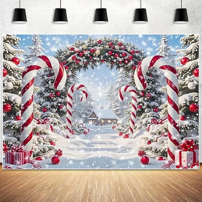 Winter Christmas Cane Candy Photography Backdrop 10x10ft | Xmas Snow Scene Christmas Tree Background, New Year Eve Party Decorations Banner, Winter Holiday Photo Studio Props, Vinyl - Image 6