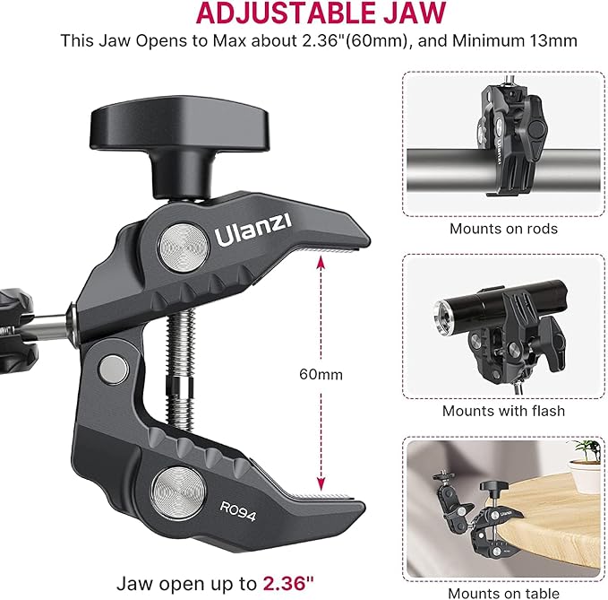 ULANZI Super Clamp Camera Clamp Mount Monitor 360° Ballhead Magic Arm Double Ball Head Adapter with 1/4"-20 & 3/8"-16 Thread for Canon Nikon DSLR Camera/Gopro/LED Lights/Ronin-M/Ronin MX/Freefly MOVI | Ball Head Adapter with 1/4"-20 & 3/8"-16 Thread fo... - Image 5