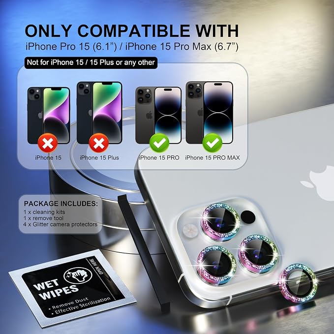 Choiche for iPhone 15 Pro/iPhone 15 Pro Max Camera Lens Protector | Ultra HD, Bling 9H Tempered Glass Camera Cover Screen Protector Metal Ring Decoration Accessories (Glitter-Colorful) - Image 2