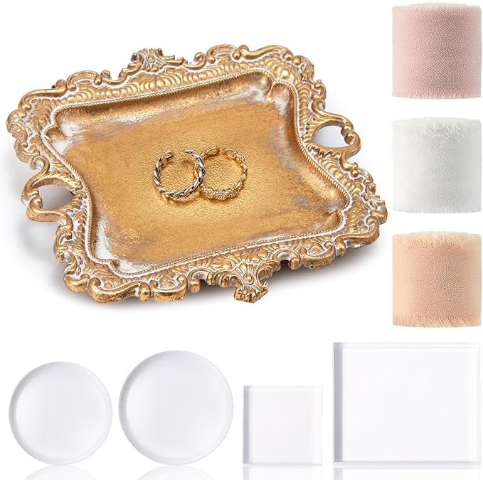 Cinnvoice 8 Pcs Flat Lay Photography Props Set for Jewelry & Wedding Details, Vintage Jewelry Tray, Acrylic Display Blocks, Chiffon Silk Ribbon for Bridal Party Decor Gift(2 Square 2 Round Bases) by QinYee