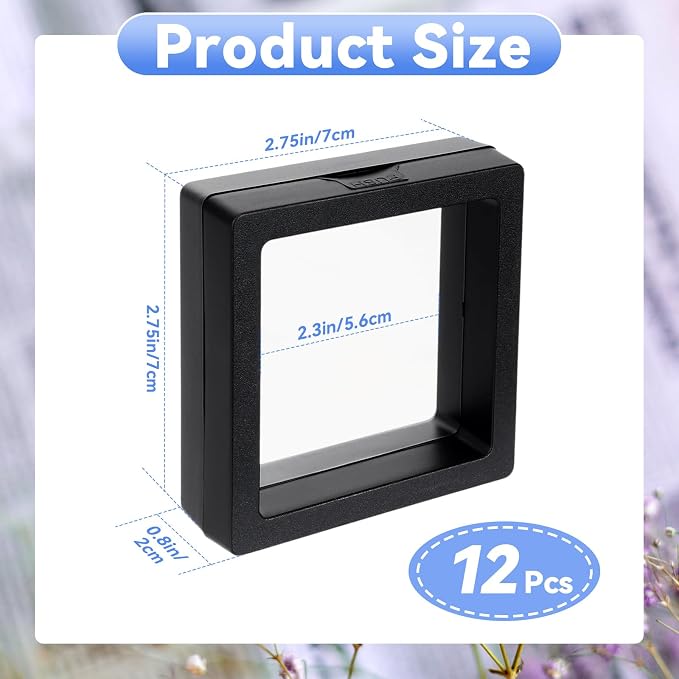 12 Pcs 3D Floating Frame Display Stand, Transparent Jewelry Gift Boxes | 2.75 x 2.75 x 0.8 Inch Small Jewelry Gift Boxes with PE Film, for Earrings Necklaces Rings Coins Specimens Crafts, Black - Image 2