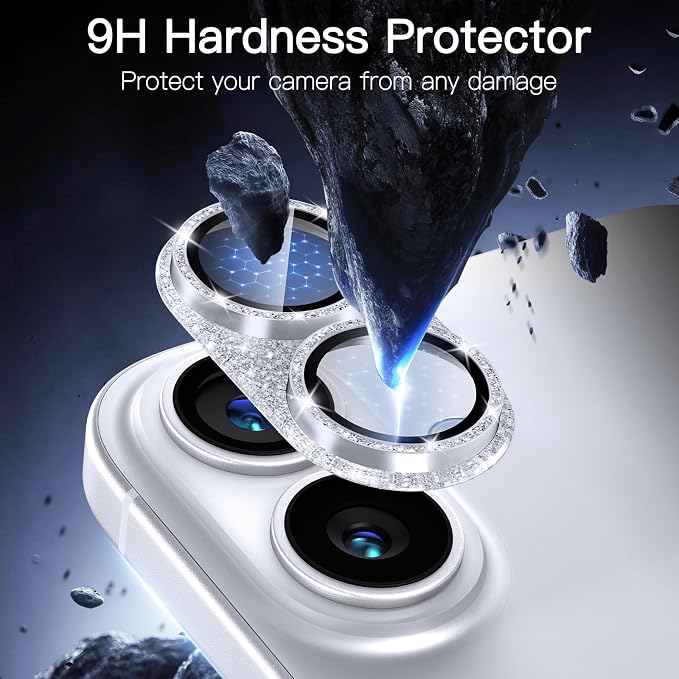 [2 Pack Bling Camera Lens Screen Protector for iPhone 17 with 9H Tempered Glass Aviation Aluminum Plate Cover Metal Ring,Night Circle,No Bubble,HD Clarity,Easy Installation-Glitter Silver - Image 3