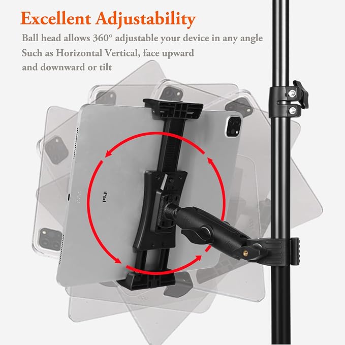 Ipad Holder for Mic Stand, Tablet Phone Holder Micophone Music Stand Mount Adjustable Rotatabe with Super Handle Clamp for iPad Pro 12.9 Air Mini, Android, 4 to 13.5inch iPhones and Tablets - Image 3