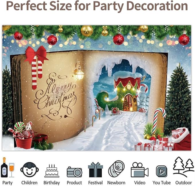 Merry Christmas Backdrop 12x10ft Fairy Tale Book Glitter Xmas Tree Candy Canes Winter Wonderland Photography Background Children Xmas Party Supplies Photo Booth Banner Props - Image 4