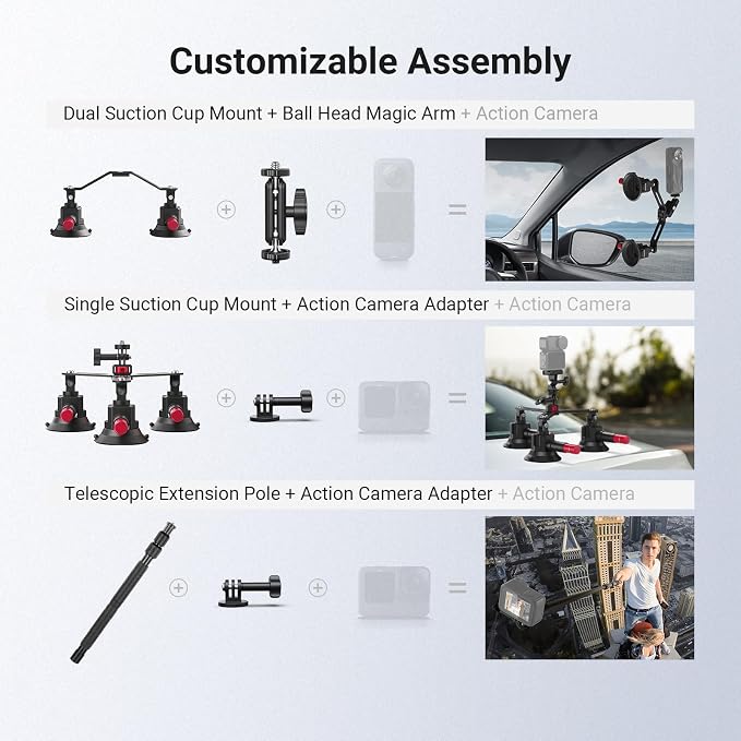 NEEWER 5 in 1 Suction Car Mount Kit Compatible with Insta 360 X5 X4 X3 Insta360 X2 GoPro Max DJI OSMO 360 Action Camera Accessories, Quick Release with Invisible Selfie Stick for Windshield, CA075 - Image 6