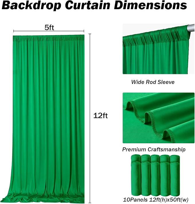 50x12 ft Green Backdrop Curtains for Weddings Parties, Birthdays and Photos | 10 Panels 5x12 ft, Wrinkle-Free Polyester Drapes, Washable, Ironable, 4 in Rod Pocket for Baby Showers Photography Background - Image 6