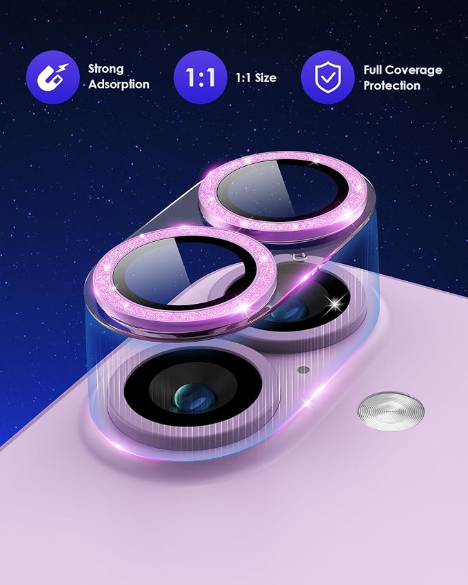 Compatible for iPhone 17 /iPhone 16 /iPhone 16 Plus Camera Lens Protector Glitter, Clear Acrylic Plus Aluminium Alloy Ring 9H Tempered Glass Screen Camera Cover Glitter Pink+Pink - Image 2