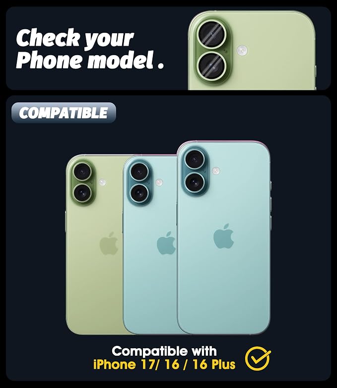 Orzero (3 Sets) Camera Lens Protector Compatible for iPhone 17 6.3"/16 6.1”/16 Plus 6.7“, Protector de Cámera One-Step Installation Tray Individual Metal Ring Glass Cover Case Friendly - Light Green - Image 2
