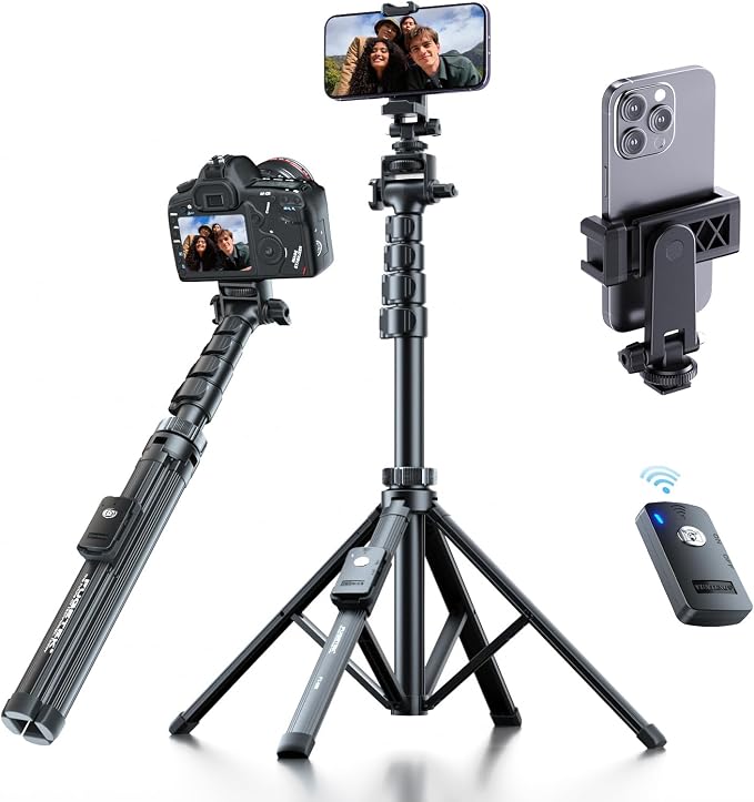 Fugetek 62" Professional Cell Phone Tripod, Ultra Stable 4 Leg Design, Bluetooth Remote, 100% All Aluminum Stick & Legs, Portable All in One, 360° Phone Mount with 2 Cold Shoe Slots, Non Skid Feet by FUGETEK