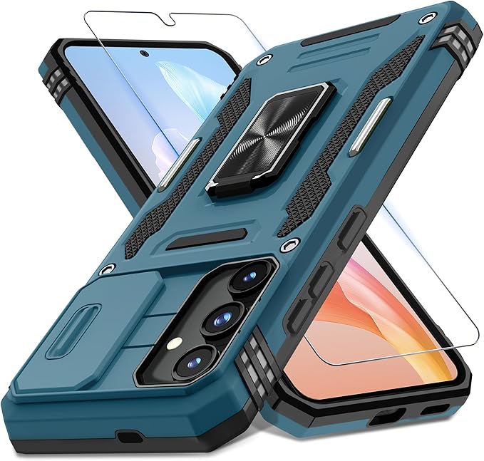 DEERLAMN Case for Samsung Galaxy S25 Plus/S24 Plus 6.7-Inch with Slide Camera Cover+Screen Protector(1 Pack), Rotated Ring Kickstand Military Grade Shockproof Protective Cover-Light Blue by DEERLAMN