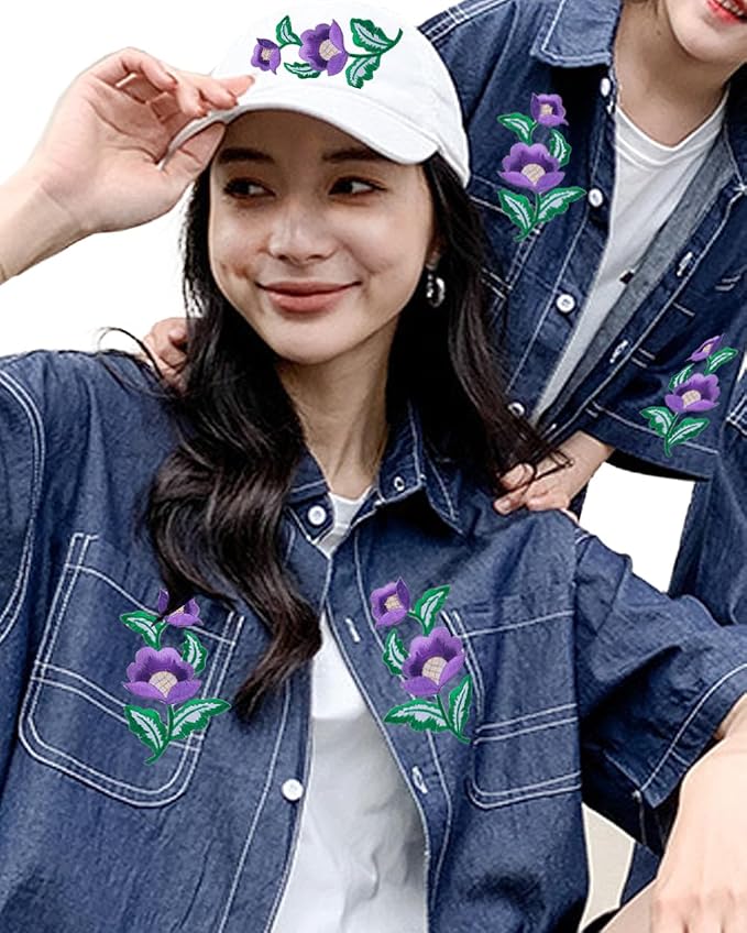 5 Pairs Floral Iron on Applique Flower with Green Vine Embroidered Patch for Collar Dress Accent Shoes Jeans Sewing Accessories Embellishment (Yellow) - Image 6