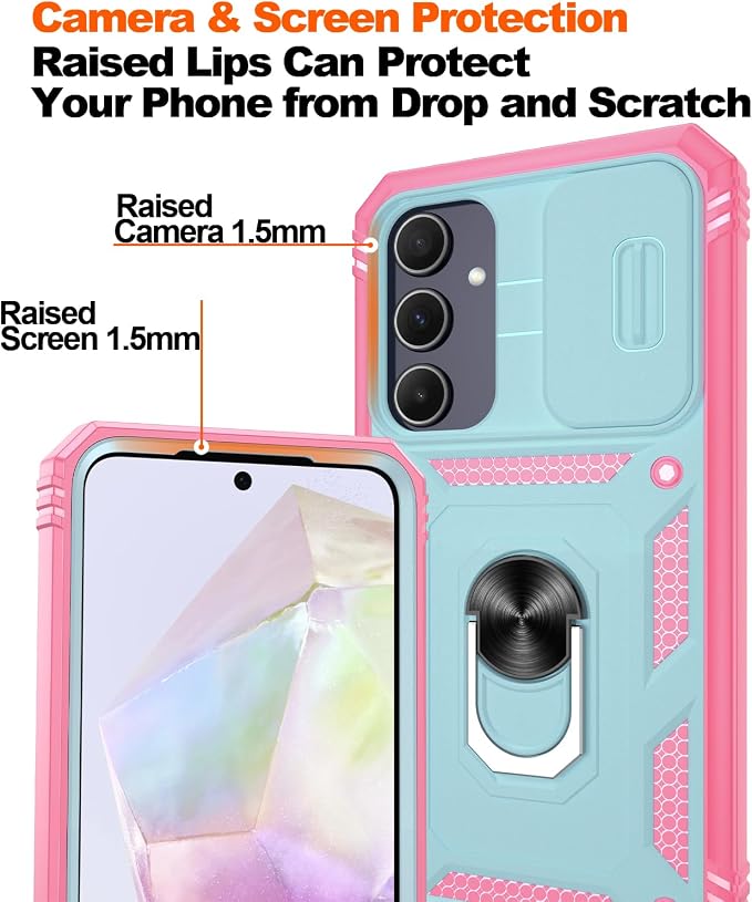 Gritup for Galaxy A35 5G Case Military-Grade Shockproof with Kickstand | with 2 PCS Screen Protector, Slide Camera Cover, Heavy Duty Outdoor Protection Funda para A 35 Phone Cover, Green+Pink - Image 4