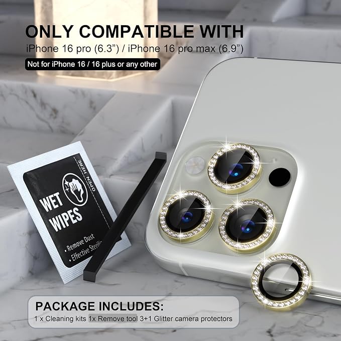 Choiche for iPhone 16 Pro/iPhone 16 Pro Max Camera Lens Protector | Ultra HD, Bling 9H Tempered Glass Camera Cover Screen Protector Metal Ring Decoration Accessories (Diamond-Gold) - Image 2