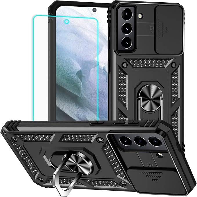 HNHYGETE for Galaxy S21 Case with Screen Protector: [Military Grade 20ft. Drop Tested] Ring Shockproof Protective Phone Case for - Samsung Galaxy S21 (Black) by HNHYGETE