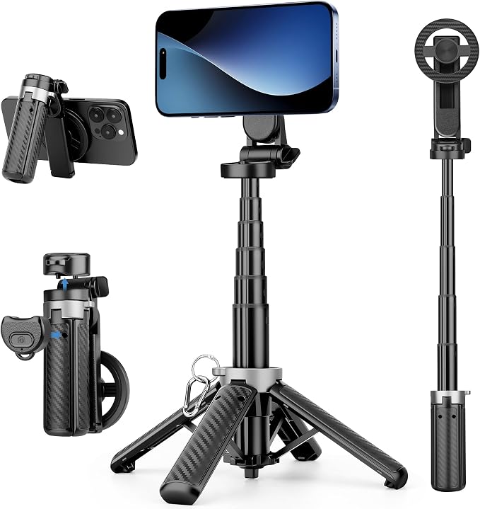4-in-1 Multifunctional Magnetic Phone Tripod, Portable Selfie Stick for iPhone & Android with Detachable Remote and Metal Ring, Magnetic Tripod Extendable Length 4.33" - 16" by HealAge