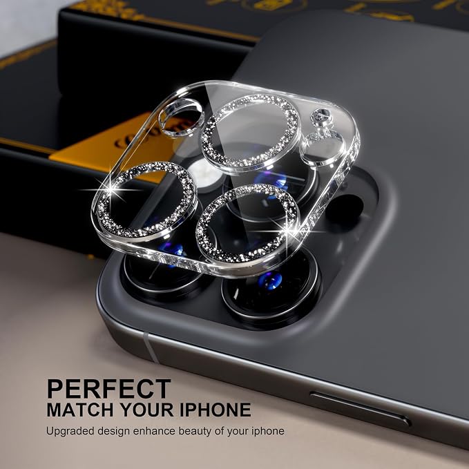 for 6 Pack iPhone 15 Pro/iPhone 15 Pro Max Camera Lens Protector [Drop Protection] [Case Friendly] [Easy Installation] 9H Tempered Glass Camera Screen Protector Cover, Glitter Black - Image 4