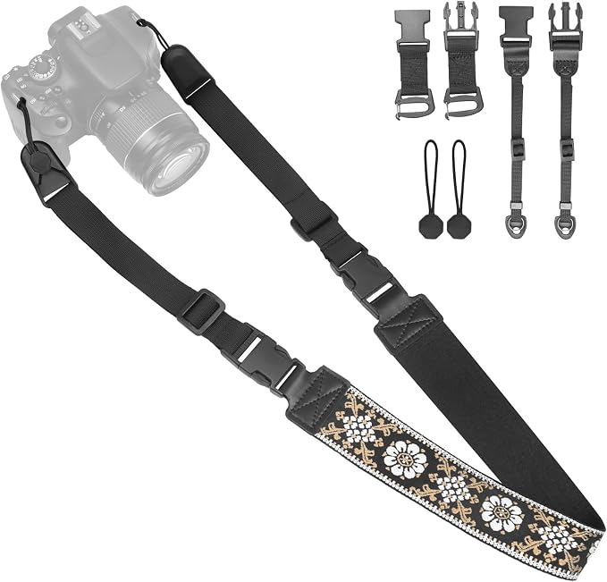 Adjustable Camera Neck Strap, Vintage Embroidered Shoulder & Crossbody Camera Strap with 4 Connection Ways, Anti-Slip Camera Strap for DSLR, Mirrorless & Camcorder, Travel & Outdoor Photography Gear by YFWE
