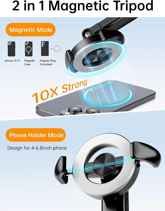 70" Magnetic Phone Tripod, Selfie Stick Tripod for iPhone MagSafe & Camera | Rechargeable Remote & 2 in 1 Magnetic Holder, 360° Rotatable Portable Cell Phone Stand for Travel Vlog Video Recording - Image 2