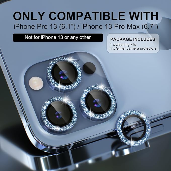 Choiche for iPhone 13 Pro/iPhone 13 Pro Max Camera Lens Protector | Ultra HD, Bling 9H Tempered Glass Camera Cover Screen Protector Metal Ring Decoration Accessories (Glitter-Sierra Blue) - Image 2