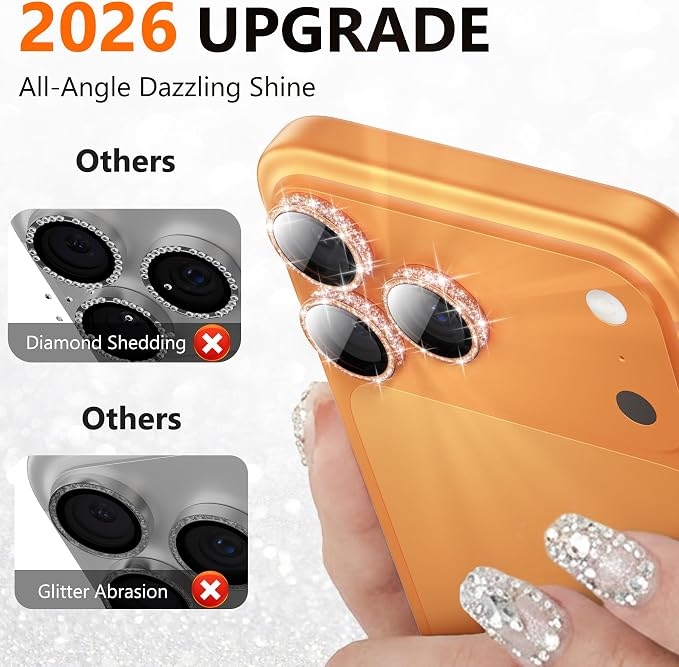 YWXTW [All-Over Glitter] Camera Lens Protector for iPhone 17 Pro Max/17 Pro/16 Pro Max/16 Pro/15 Pro Max/15 Pro/14 Pro/Max, 9H Tempered Glass Camera Cover, Anti-Scratch Case Friendly (Cosmic Orange) - Image 2
