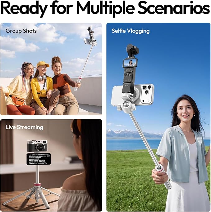 ULANZI MT44M 2-in-1 Auto Open Magnetic Phone & Camera Tripod with Remote | Magsafe Wireless Extendable Selfie Stick, Ball Head, 1/4" Screw, Cold Shoe Compatible with iPhone Android DJI Osmo Pocket 4/3 - Image 4