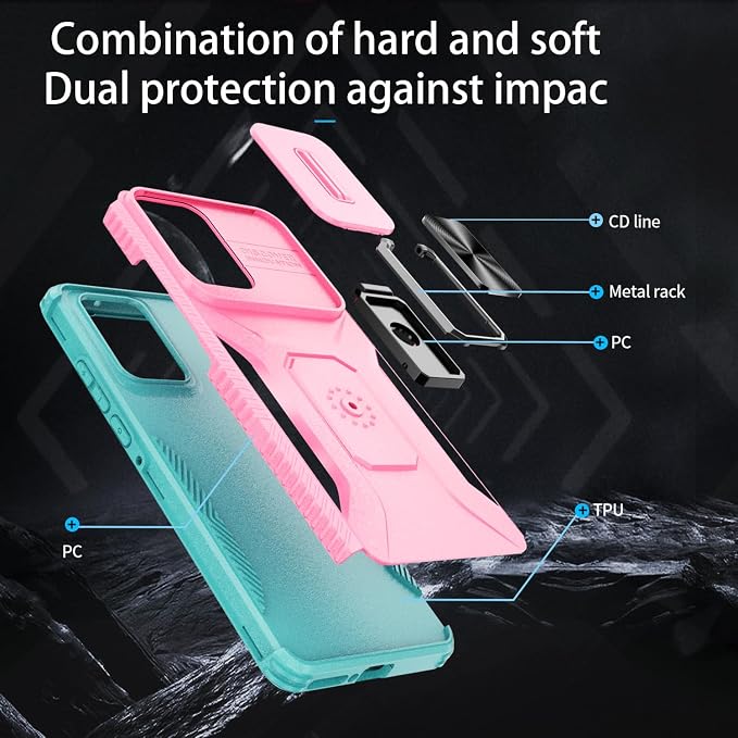 for Moto Edge 2024 Case,with Sliding Camera Lens Cover,HD Screen Protector,360° Rotating Ring Kickstand, Military-Grade Shockproof Protective Cover for Motorola Moto Edge 2024,Pink+Turquoise - Image 4