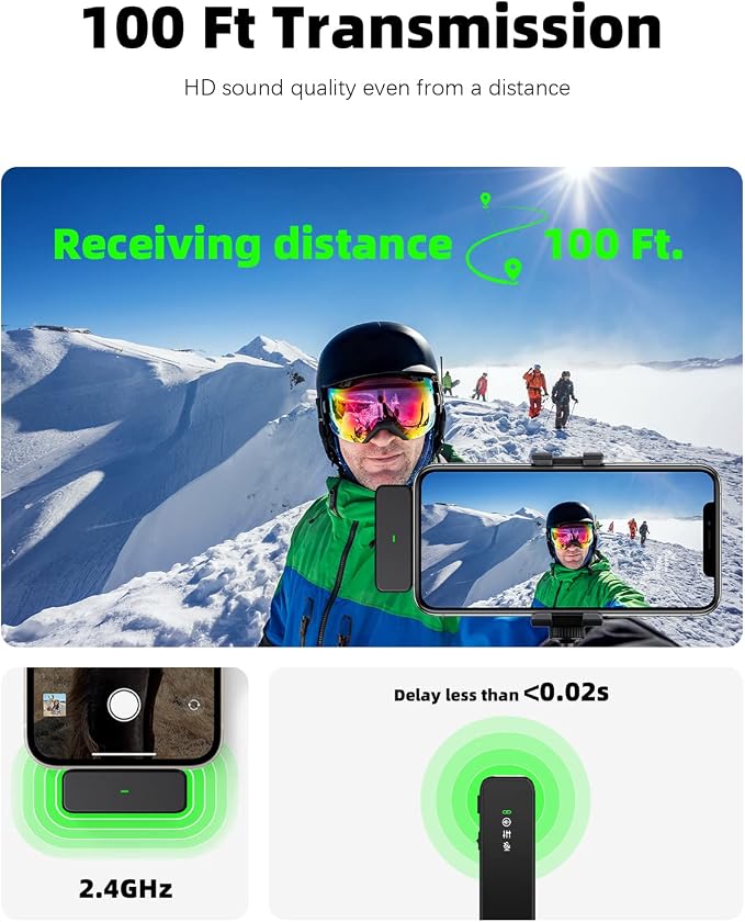 Wireless Lavalier Microphone, Lightning & USB-C Receivers, 18H | For iPhone Android PC, Noise Cancellation, 100ft Transmission, 18H Battery, Wireless Lapel Microphone for Video Recording - Image 4