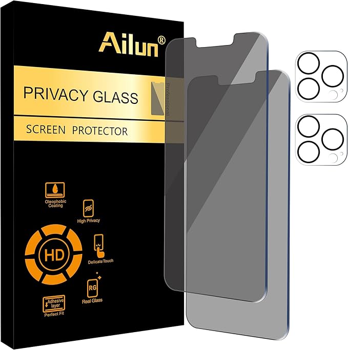 Ailun Privacy Screen Protector+Camera Lens Protector for iPhone 13 Pro Max | 2+2 Pack, 6.7 Inch, Anti Spy Tempered Glass, HD, Case Friendly by Ailun
