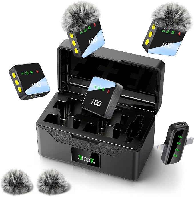 4 Pack Wireless Lavalier Mic for iPhone, 100H Charging Case | Mini Microphone for Android, iPad,Digital Display and AI Noise Reduction,Video Recording, Podcasts, YouTube, TikTok, Vlogging by Giconino
