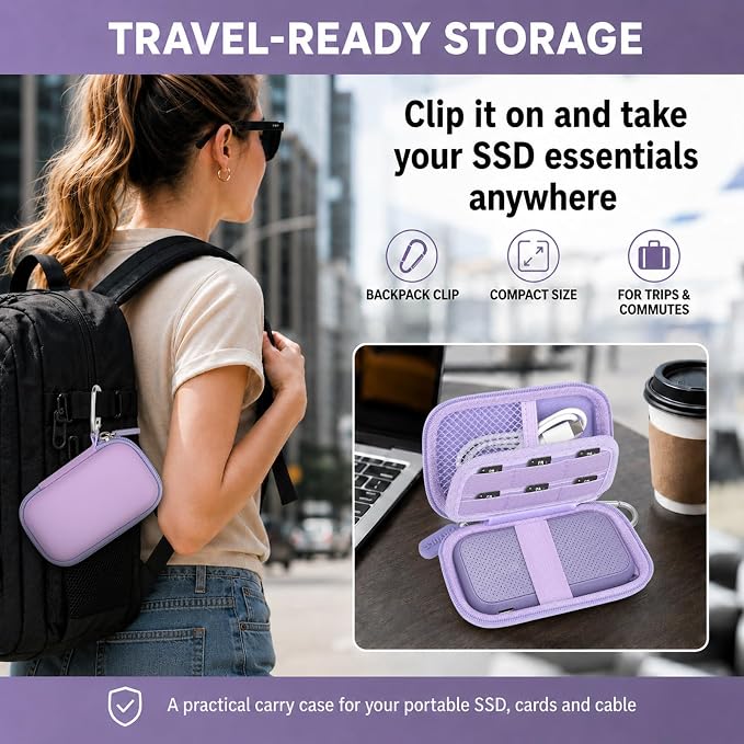 PAIYULE Hard Case for SanDisk Extreme Portable SSD & PRO,SD Card Pocket | Fits 250GB, 500GB, 1TB, 2TB and 4TB SSDs, with SD Card Pocket,Elastic Strap,Mesh Pocket and Carabiner, Case Only Purple - Image 7