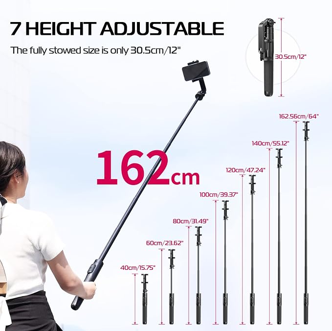 ULANZI SK-03 Selfie Stick Tripod, 64" Professional Stable Phone Tripod Stand for Smartphone/Action Camera, 3 in 1 Extendable Phone Holder with Detachable Remote for Travel Selfies Video Recording Vlog - Image 6