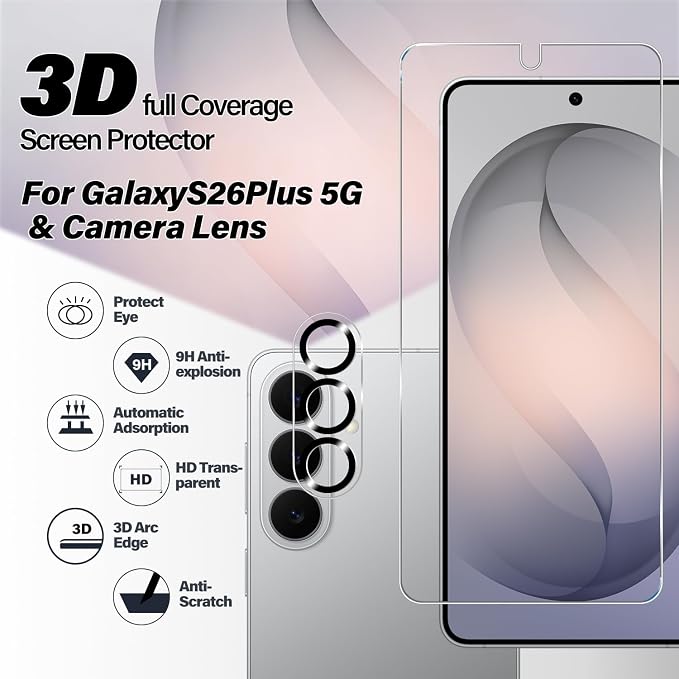 BIGFACE Galaxy S26 Plus Tempered Glass Screen Protector + Camera Lens Protector [2 + 2 Pack][Case Friendly][Anti-Scratch][Ultrasonic Fingerprint Unlock] HD Protective Film for Samsung Galaxy S26 Plus - Image 2