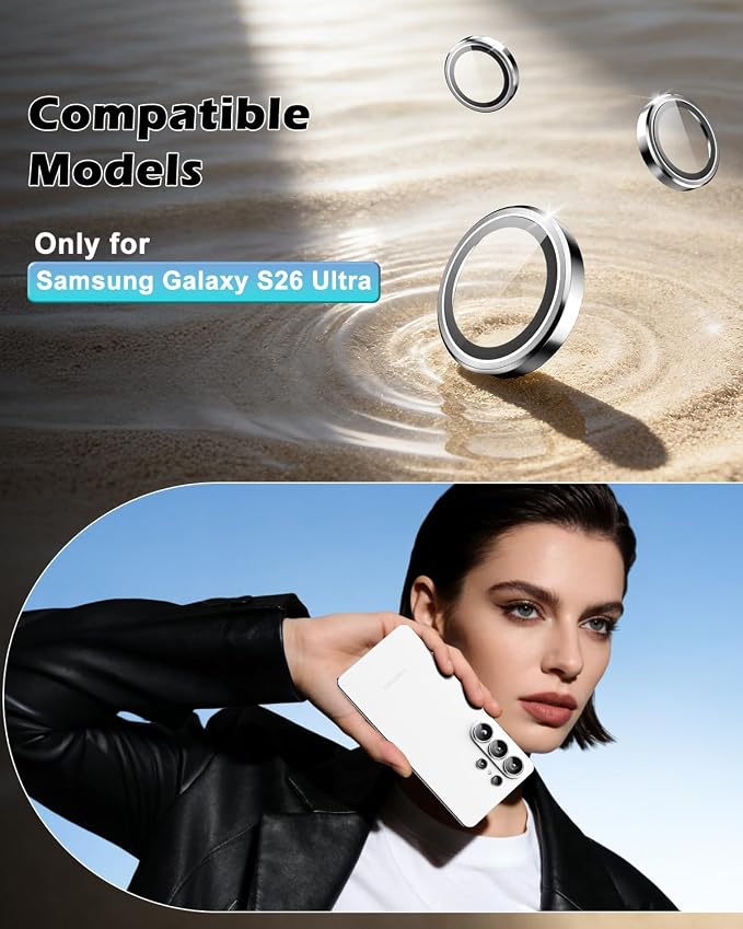 CloudValley for Samsung Galaxy S26 Ultra Camera Lens Protector | 9H Tempered Glass + Aluminum Alloy Lens Protective Ring Ultra-HD Individual Lens Cover,Silver - Image 2