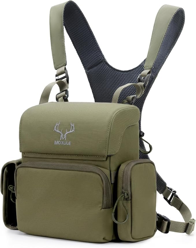 MOXULE Binocular Harness Chest Pack: Bino Case with Rangefinder Pocket XL | Silent magnetic lid, one-handed access, removable pouches, rain cover, MOLLE webbing for hunting hiking bird watching by MOXULE