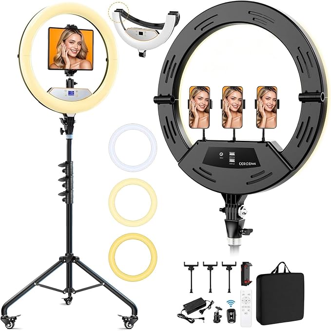22" Ring Light with Stand: Lockable Wheels, LED Display & Foldable, | 75" Tripod Stand,3 Color modes 6500K / 2 USB Ports Large Ringlight , Video Recording Live Tattoo Makeup Barber Photography by Auriani