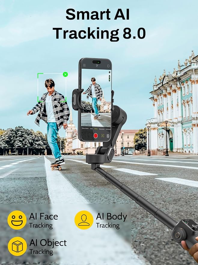 AOCHUAN 3-Axis Gimbal Stabilizer for iPhone, Smartphone Gimbal w/7.8" Extension Rod, OLED Display, Phone Stabilizer w/Face Tracking, Gesture Control, Video Record for iPhone & Android - Smart V8 Black - Image 4