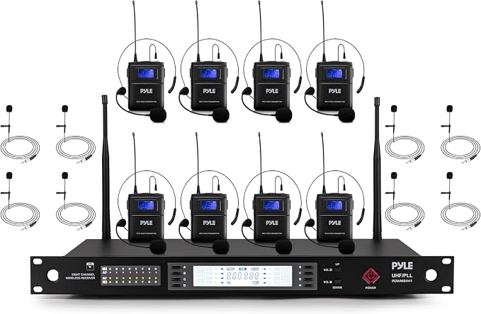 Pyle 8 Channel UHF Wireless Conference Microphone System with 8 Lavalier & 8 Headset Mics, 300 Ft Range, Rack Mount Receiver & 100 Selectable Frequencies for Meetings & Events by PyleUSA