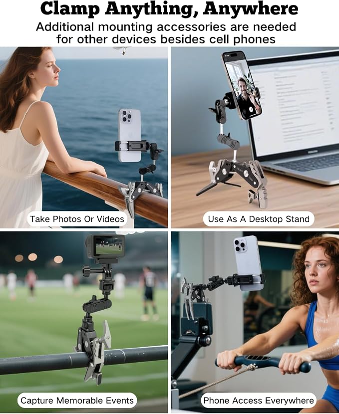 HEIPI C100 Super Clamp, Max Clamping 3.93" with 1/4"-20 & 3/8"-16 Screw | 2-in-1 clamp & stand design. Max clamping 3.93"/10cm.Compatible with phone, action camera, DSLR. Universal tripod accessories - Image 7