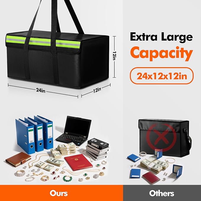 Large Fireproof Document Bag for Home Safe Storage, 24 x 12 x 12in, Black | 2000°F Fireproof document box, 4-layer fiberglass important document storage for photo, file and cash with reflective strip - Image 2