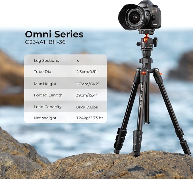 K&F Concept 64 inch/163cm Lightweight Aluminum Travel Camera Tripod | Compact and Portable, 360° Ball Head, Load Capacity 17.6lbs, DSLR Photography and Smartphone Live Streaming Vlog O234A1+BH-36 - Image 2