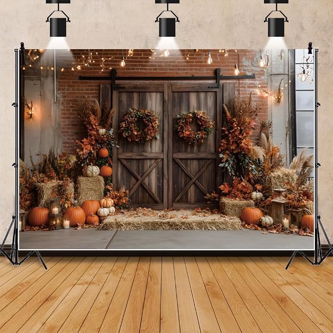 12x8ft Fall Thanksgiving Backdrop Pumpkins Autumn Harvest Pumpkins Barn Photography Background Hay Maple Leaves Birthday Party Decorations Banner Photo Booth Props - Image 3